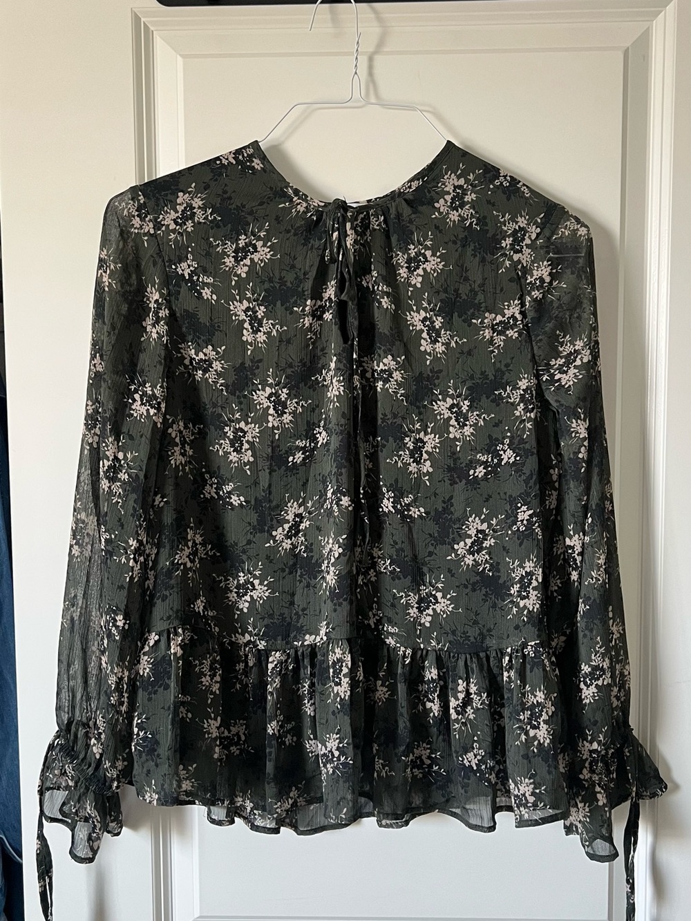 Dark Green Floral Chiffon Peplum Blouse with Sheer Sleeves